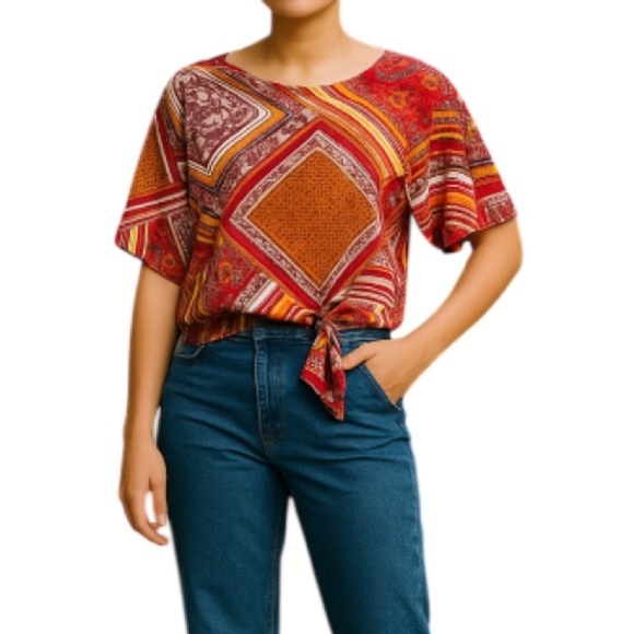 Laura NWT Colorful Patchwork Print Top Tied Waist Flowy Boho 70s Vibe Size 8 - Picture 1 of 12